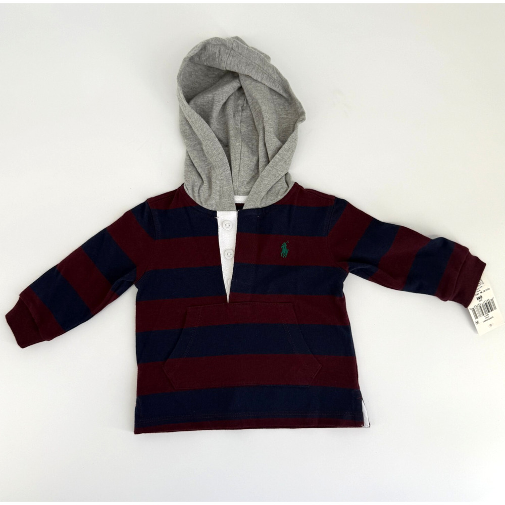 Ralph Lauren Baby Hoodie 6M Rugby Stripe Pullover Maroon Navy Gray Hood NWT